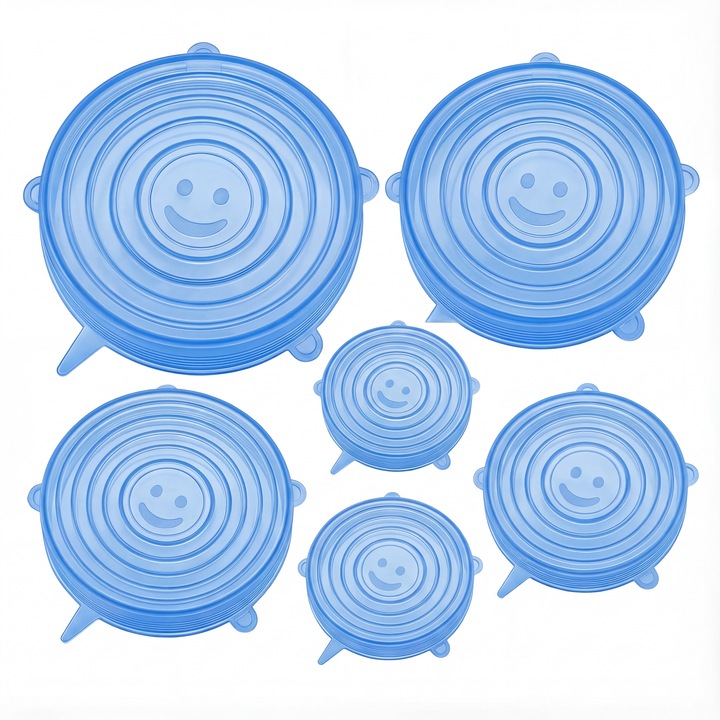 Set 6 Capace din Silicon Universal pentru Protectia Alimentelor, Reutilizabile, Extensibile si Etanse, Silicon de Calitate Alimentara, Diverse Dimensiuni, albastru