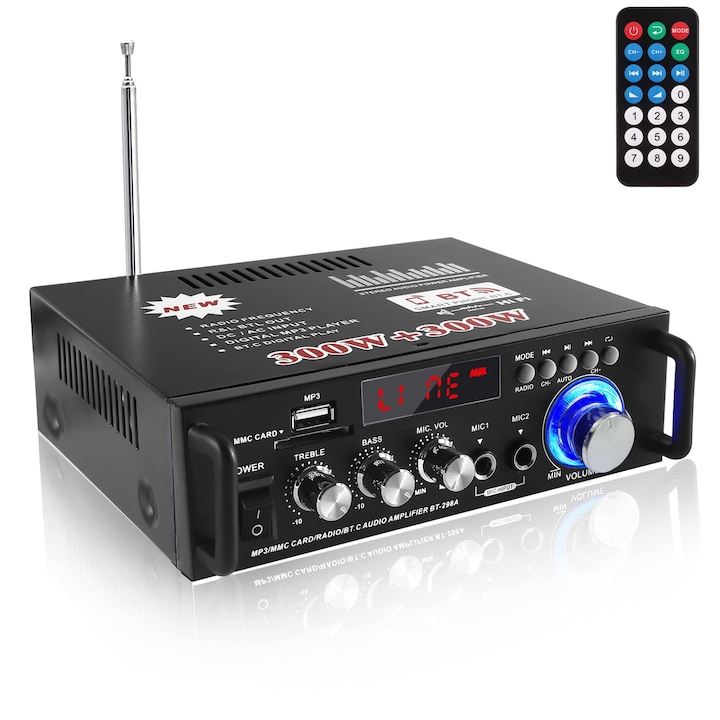 Amplificator Audio, Mini amplificator, amplificator HiFi, audio stereo Bluetooth 5.0, 12V/240V, 600W, 2 canale, LCD, radio FM portabil, intrare card SD/USB, pentru casa sau masina