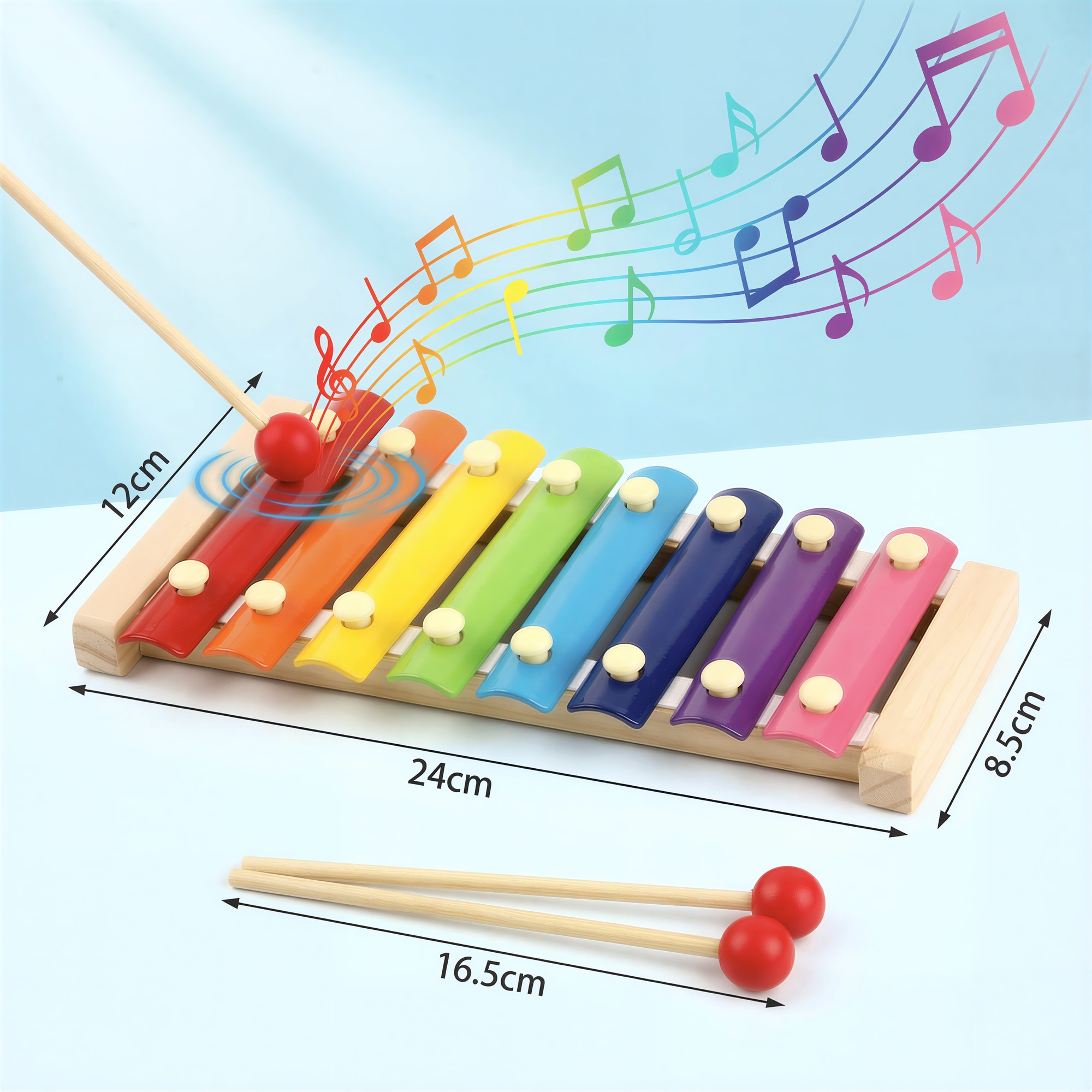 Xilofon / Clopotel Muzical din Lemn cu 8 Note pentru Copii, Culori