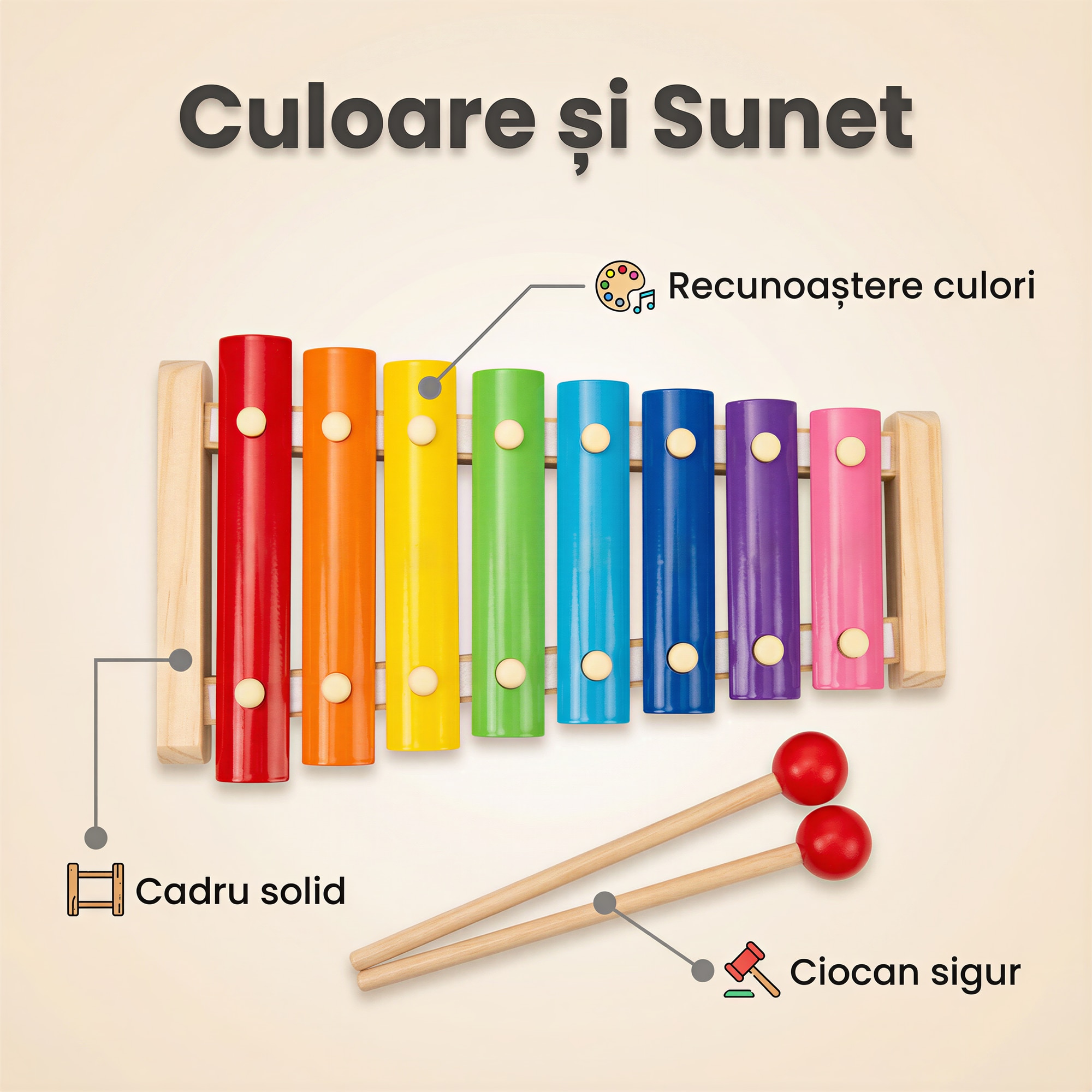 Xilofon / Clopotel Muzical din Lemn cu 8 Note pentru Copii, Culori