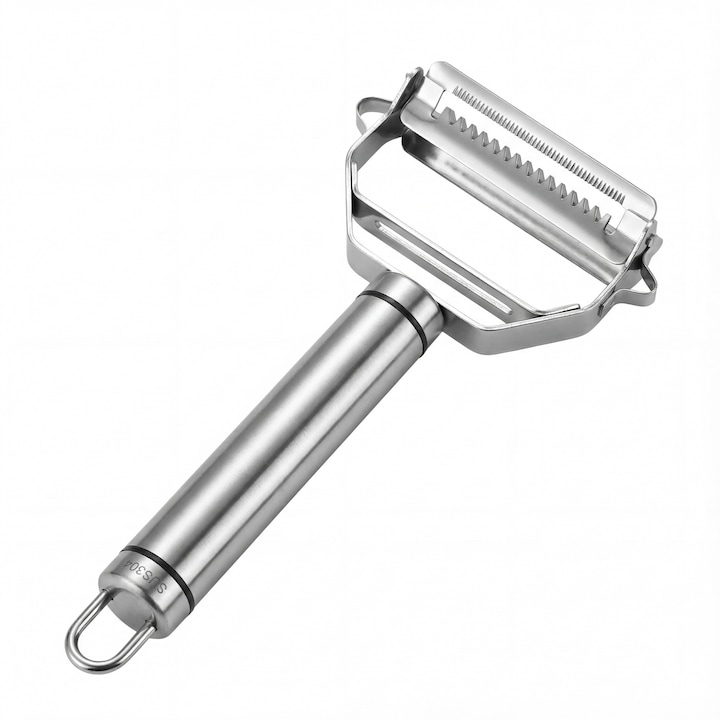 Curatator de Legume si Fructe 3-in-1 din Otel Inoxidabil 304, Taietor Rapid pentru Fasii (Julienne) si Curatare (Feliere), Decupaje U/V, Maner Ergonomic