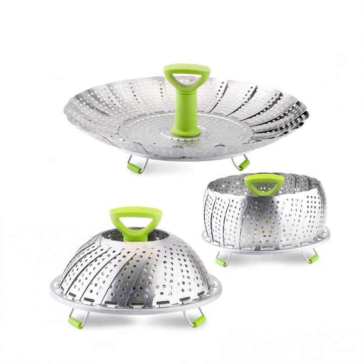 Кошница за пара многофункционална сгъваема (11 инча), неръждаема стомана 430, регулируем диаметър 18-28 см, дръжка против изгаряне, стабилна противоплъзгаща опора, здравословно готвене на пара