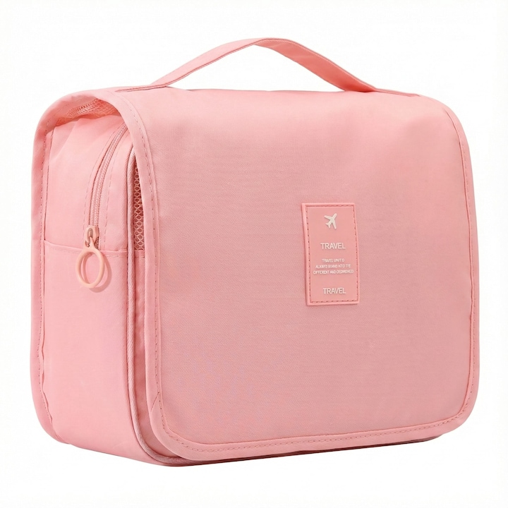 Geanta/Trusa Cosmetica de Voiaj Pliabila (Roz), Organizator Suspendabil Multifunctional, Impermeabil, Capacitate Mare, Ideala pentru Cosmetice si Articole de Toaleta