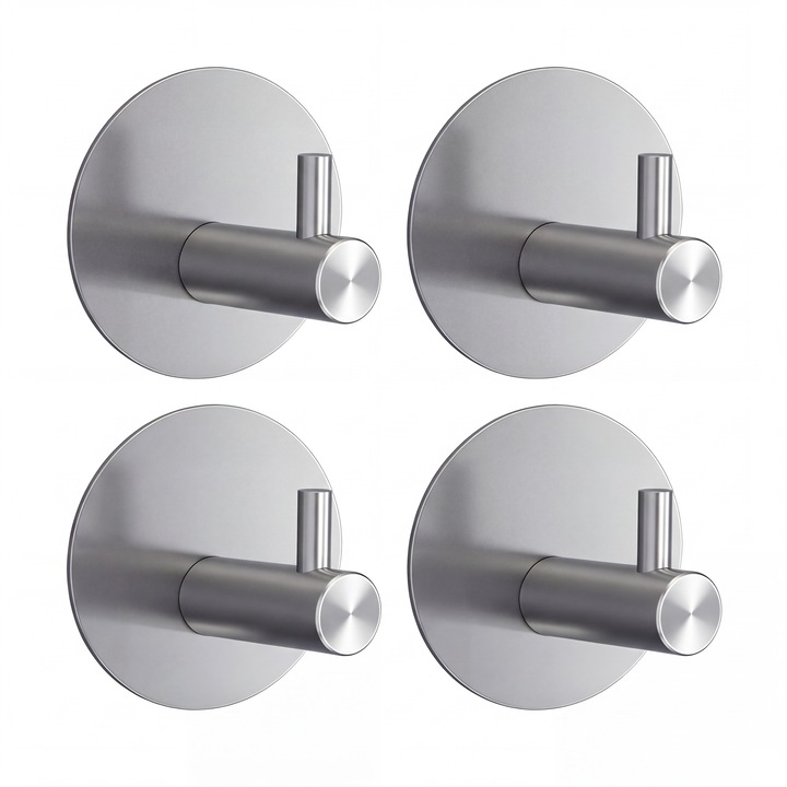 Set 4 Agatatori din Inox – Fara Gauri, Adeziv 3M, Suport 2.5 kg, Rezistent la Apa si Rugina, Carlige de baie, argintii