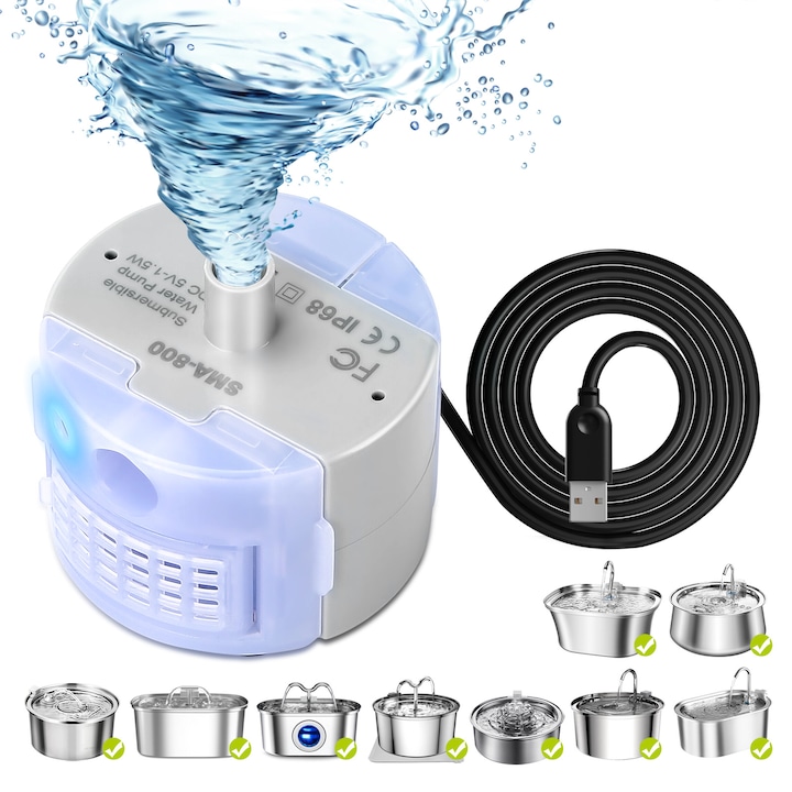 Macska itatókút szivattyú, DR-DC cserepumpa rozsdamentes acél kisállat vízadagolóhoz, rendkívül csendes kisállat itatókút szivattyú, IP68 merülőmotor SMA-800