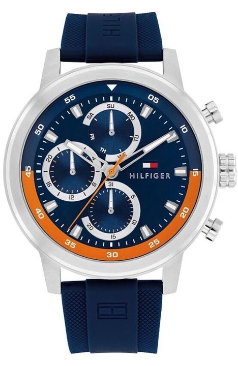 Ceas barbatesc Tommy Hilfiger Rocky Multifunction, Quartz, cadran albastru, curea cauciuc albastra, 46 mm