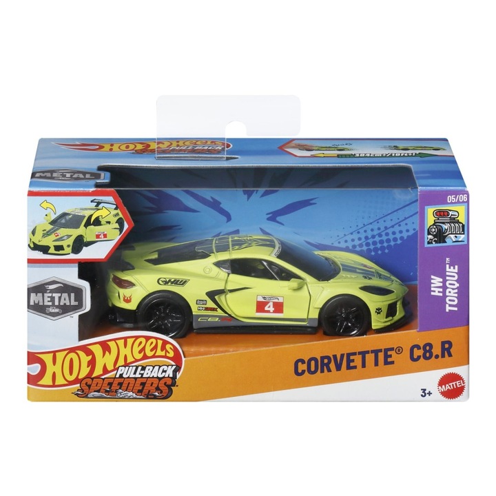Hot Wheels Fém kisautó visszahúzó rendszerrel Corvette C8.R Hw Torque 1:43 méretarány
