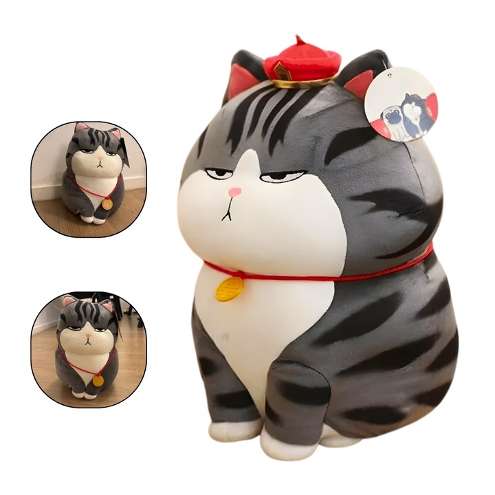 Jucarie de plus, pisica adorabila cu medalion, 30 cm, Alb/Gri