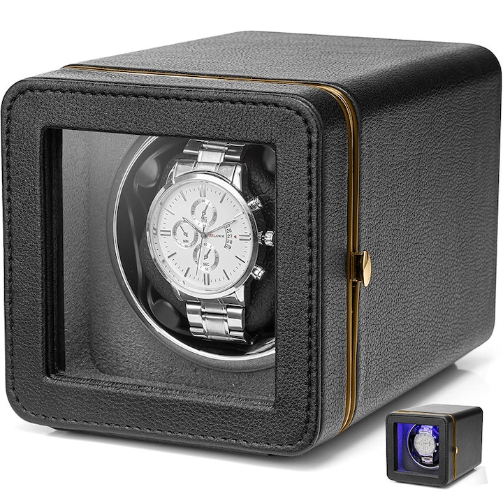 Cutie intors ceasuri automatice XONGSOR, 11.5*12.5*16.2 cm, Sticla calita, Silentios, Watch Winder, Piele ecologica, USB, TYPE-C, LED, Negr