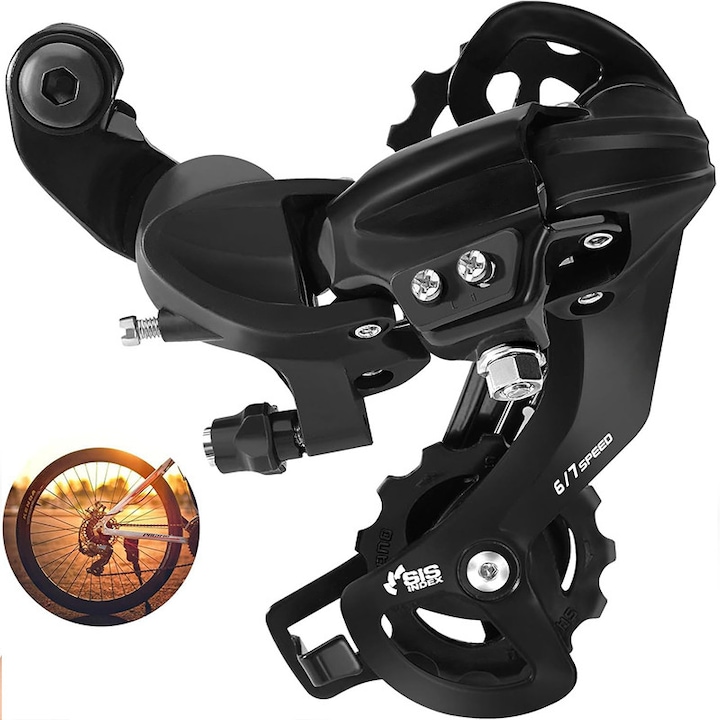 Заден дерайльор за велосипед, 6/7/8 скорости, модел TY300D, съвместим с планински велосипеди, шосейни велосипеди, сгъваеми велосипеди, множество видове велосипеди, лесен монтаж и поддръжка, Метал, черен