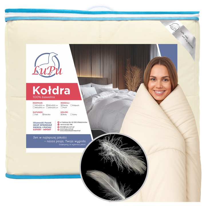 Pilota LuPu 160x200cm, kacsatoll, antiallergén, bézs, súly 1,8kg