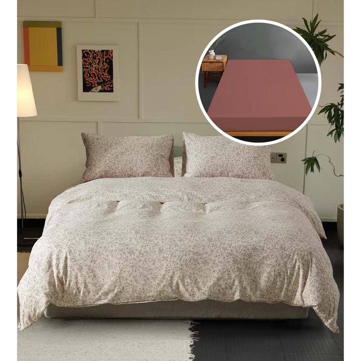 Lenjerie pat set Mador, tricot 100% bumbac, cearsaf 200x230cm, husa pentru saltea 160x200cm/180x200cm, imprimeuri moderne