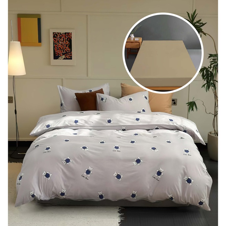 Lenjerie pat Mador, set 3 piese, tricot 100% bumbac, husa saltea 160x200cm/180x200cm, cearsaf pilota 200x230cm, fete perna 50x70cm, imprimat