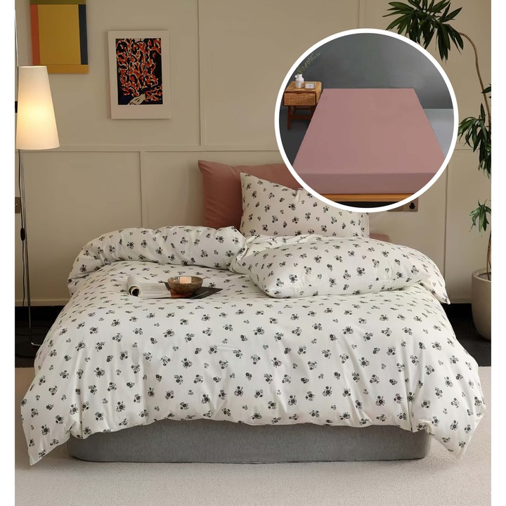 Lenjerie pat set Mador, Rasfat Natural, bumbac 100%, cearsaf 200x230cm, husa saltea 160x200cm/180x200cm, imprimeu