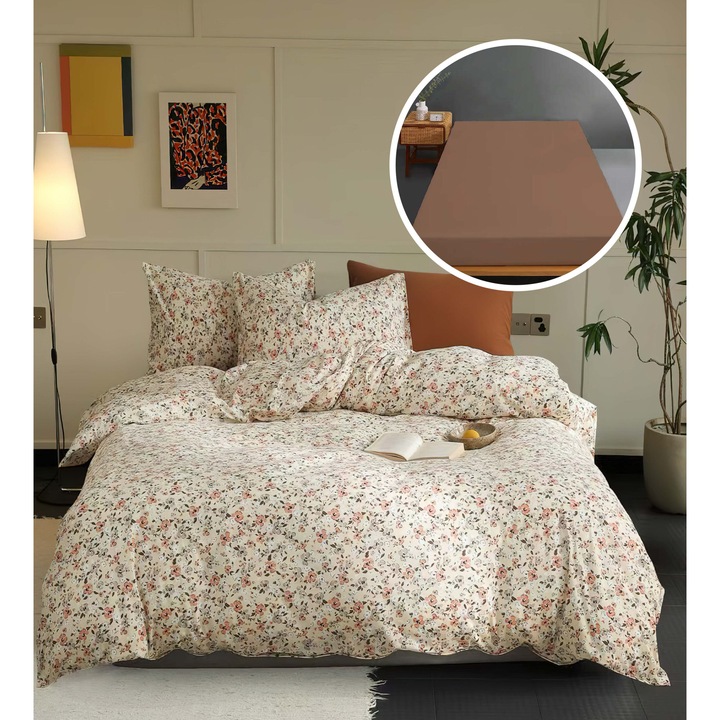 Lenjerie pat Mador set, 100% bumbac, husa universala 160x200cm/180x200cm, cearsaf pilota 200x230cm, 2 fete de perna 50x70cm, imprimeu, uni