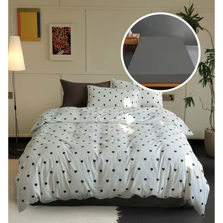 Lenjerie pat set Mador, "Rasfat Natural", 100% bumbac, husa universala 160x200cm/180x200cm, cearsaf pilota 200x230cm, 2 fete de perna 50x70cm, imprimeu