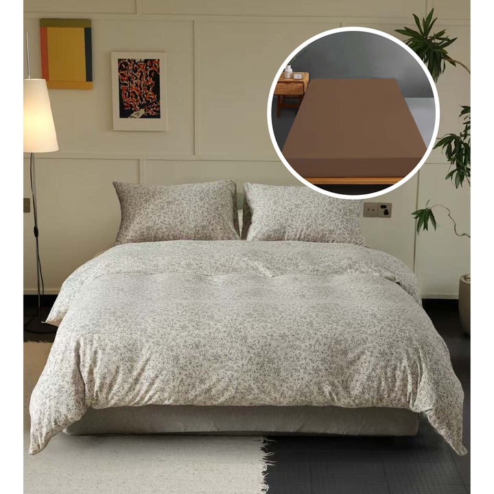 Lenjerie pat set Mador, Rasfat Natural, 100% bumbac, husa universala 160x200/180x200cm, cearsaft 200x230cm, 2 fete de perna 50x70cm, imprimat