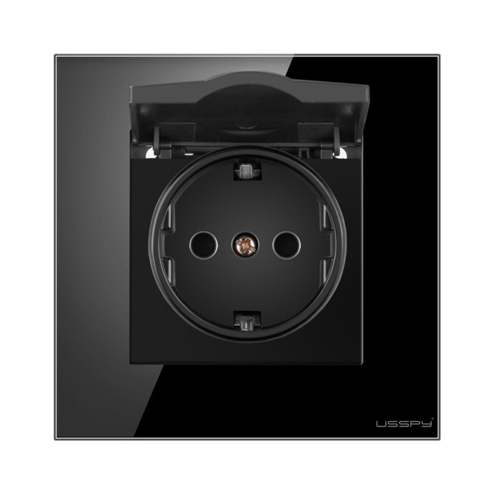 Priza cu capac, rama din sticla securizata, USSPY®, protectie copii, schuko 16A, negru
