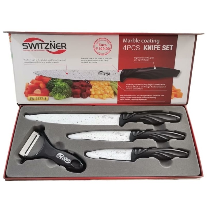 Switzner Set Cutite 4 Piese Profesionale, Lame Inox Antiaderente Si Antibacteriene, Maner Ergonomic Din Silicon, Negru cu Lama Alba