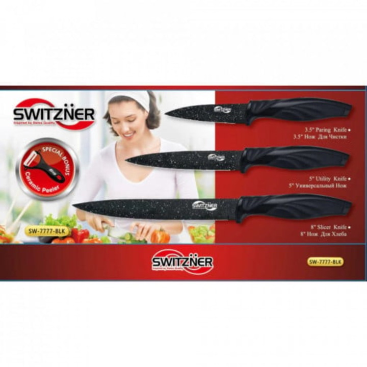 Switzner Set Cutite Profesionale 4 Piese, 3 Cutite + un Curatator Legume, Lame Inox Antiaderente Si Antibacteriene, Maner Ergonomic Din Silicon, Negru