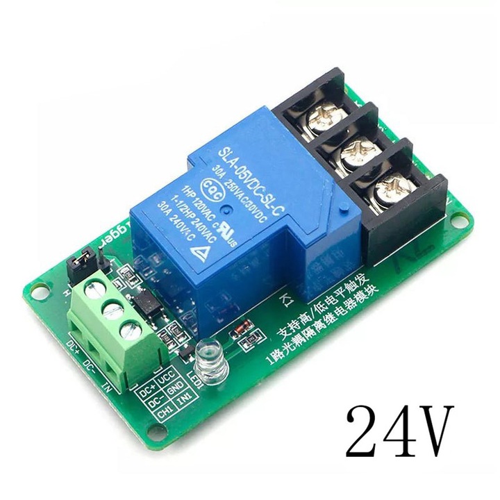Modul releu 1 canal 30A cu optocuplor, trigger declansare nivel inalt/scazut, DC 24V