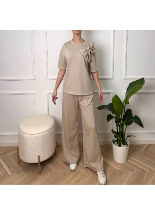 Compleu femei Fashion, tricou cu fundiță și pantaloni largi, bej, One Size INTL