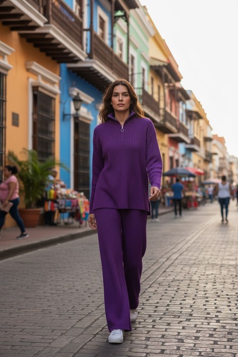 Compleu Tricot Femei, Intisimo, Doua Piese, Guler Inalt, Mov, One Size INTL
