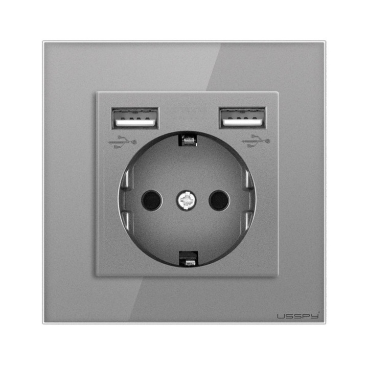 Priza cu rama din sticla securizatacu 2 USB 5V 2.1A, USSPY®, protectie copii, schuko 16A, gri