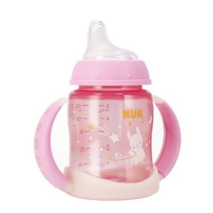 Шише с накрайник и дръжки, 150 мл, Nuk First Choice Learner Bottle Night 372639R-6, Розово 6-9 месеца