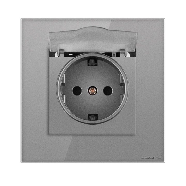 Priza cu capac, rama din sticla securizata, USSPY®, protectie copii, schuko 16A, gri