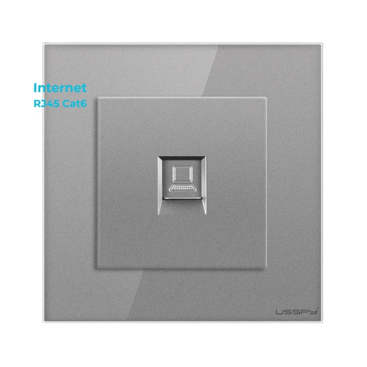 Priza internet cu rama din sticla securizata, USSPY®, RJ45 Cat6, gri