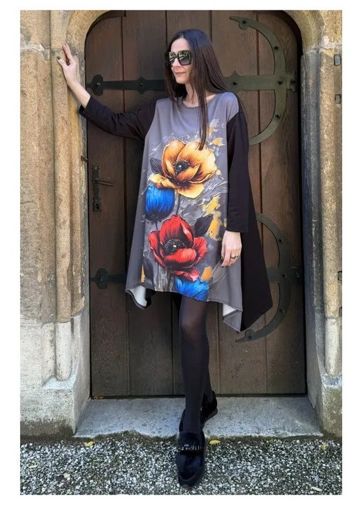 ROCHIE MIDI OVERSIZED IN COLTURI CU BUZUNARE POPPY MACI MULTICOLORA, Multicolor, One Size