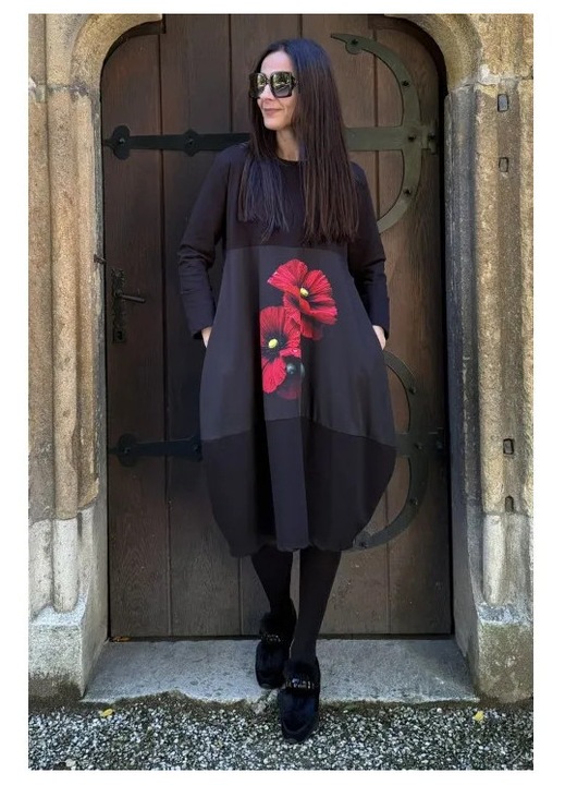 ROCHIE MIDI CU BUZUNARE INSERTIE MACI ROSII, Negru, One Size