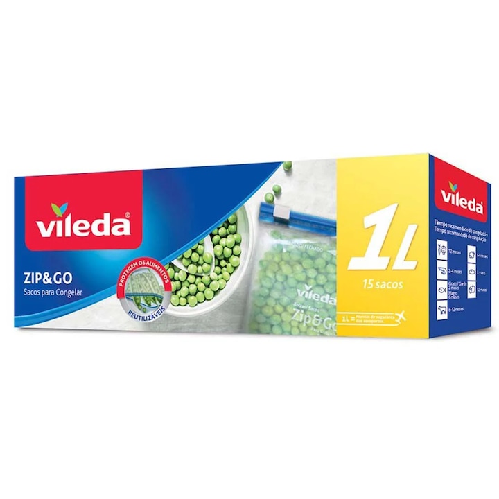 Pungi reutilizabile, Vileda ZIP&GO, Ideale pentru congelare si organizare, Inchidere ermetica, 15 piese, 20.5x18x4 cm, 1L