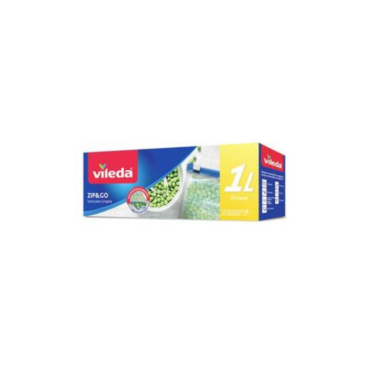 Újrafelhasználható tasakok, Vileda ZIP&GO, Ideális fagyasztáshoz és rendszerezéshez, Légmentesen záródó, 15 darab, 1L