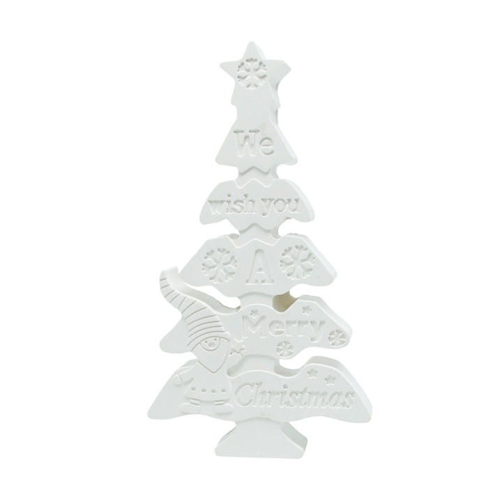 Karácsonyi és téli dekoráció - Gipsz festhető figura - Karácsonyfa "Boldog Karácsonyt" szilveszterre - mérete 16 x 9 x 2 cm