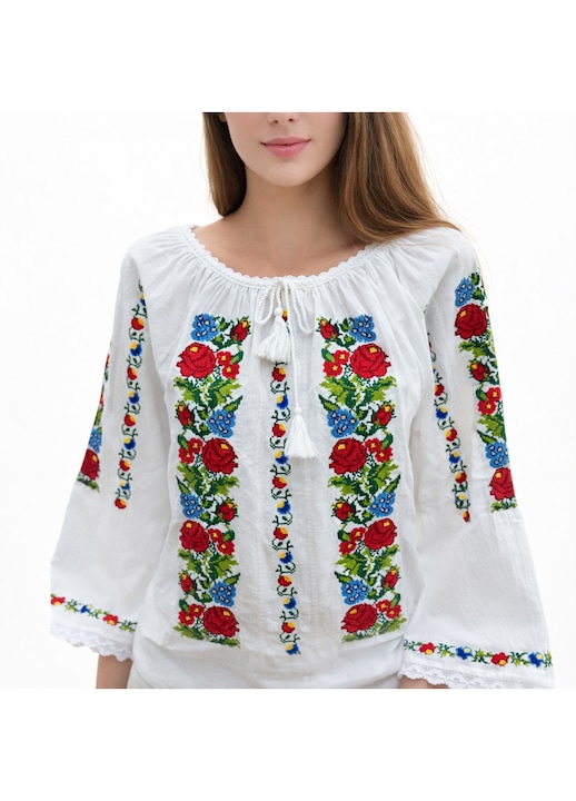 Ie traditionala romaneasca din bumbac color, Alb/Verde/Albastru deschis