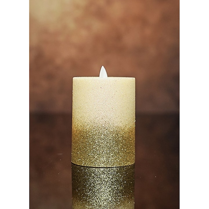 Lumanare LED decorativa cu sclipici auriu – efect flacara reala, lumina calda, design elegant