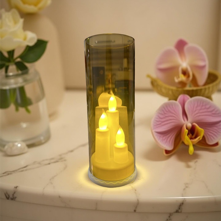 LED gyertyák üveghengerben, meleg fény, lánghatás, elemes, 20 cm