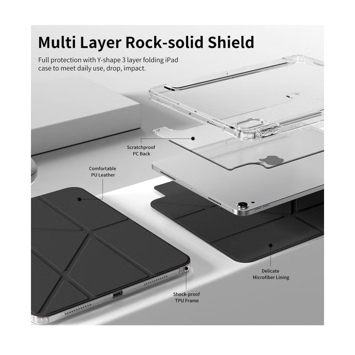 Husă tabletă compatibilă cu iPad 2022 10.9 inch/2025 11 inch, triple fold Y, multi unghi, capac piele cu slot pentru stilou, trezire automată-somn, negru-transparent