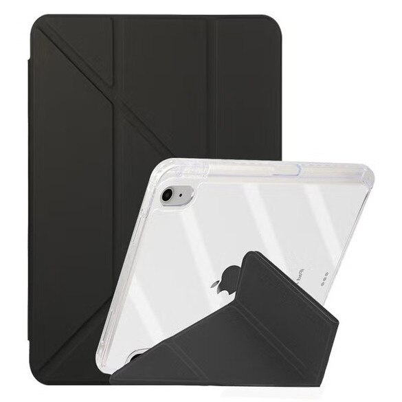 Husă tabletă compatibilă cu iPad 2022 10.9 inch/2025 11 inch, triple fold Y, multi unghi, capac piele cu slot pentru stilou, trezire automată-somn, negru-transparent