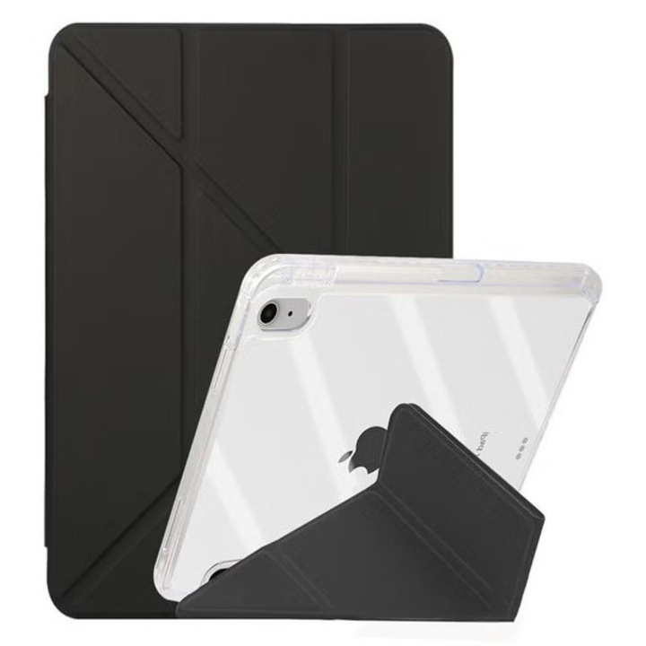 Tabletta tok, iPad 2022 (10. generáció) 10,9 hüvelyk / 2025 (11. generáció) 11 hüvelyk, háromszoros Y alakú kialakítás, több szög, bőr tok tablettákhoz tolltartóval, automatikus ébresztés / alvás, fekete, átlátszó
