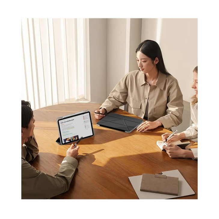 Husă tabletă compatibilă cu iPad 2022 10.9 inch/2025 11 inch, triple fold Y, multi unghi, capac piele cu slot pentru stilou, trezire automată-somn, negru-transparent