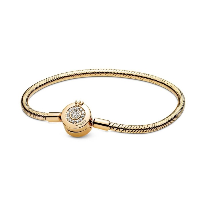 Bratara PANDORA Snake Link aur de 18 karate cu zirconiu cubic, colecția Signature, 20 cm