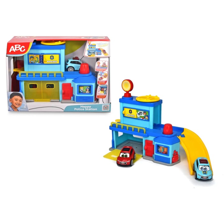 Set sectie de politie, Simba, cu rampa de pornire si platforma rotativa, 2 masinute, multicolor