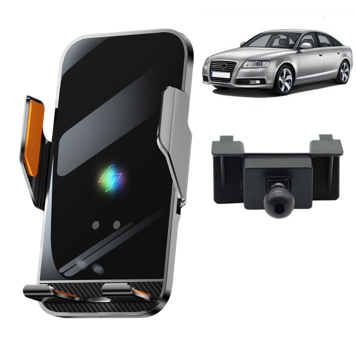 Veltrova autós telefontartó vezeték nélküli töltéssel 15W, dedikált rögzítés Audi A6 /S6/RS6 (2005-2011) modellekhez, automata érzékelő, 360°-os forgatás, stabil rögzítés a műszerfalra csipesszel