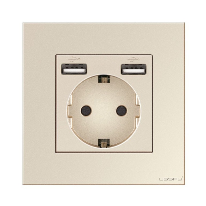 Priza cu rama din sticla securizatacu 2 USB 5V 2.1A, USSPY®, protectie copii, schuko 16A, auriu