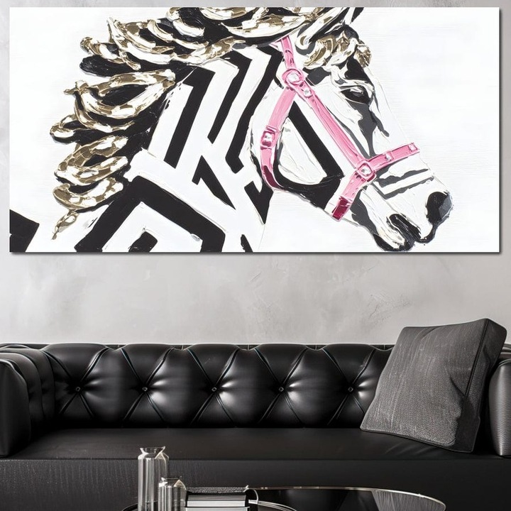 Tablou Canvas Premium, LuxCanva® M1526, Gratie intr-un Ham Roz, 70 X 140 CM, Panza Bumbac 100% 400g/m2, Sasiu Lemn, Dungi, Linii, Cal, Armasar, Expresiv, Design, Modern, Animal, Contrast, Dormitor, Birou, Living, Camera Copil