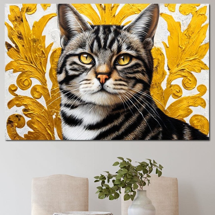 Tablou Canvas Premium, LuxCanva® M1535, Noblete in Dungi, 70 X 100 CM, Panza Bumbac 100% 400g/m2, Sasiu Lemn, Pisica, Animal, Motan, Eleganta, Aristocrat, Mustati, Ornamental, Dormitor, Birou, Living, Camera Copil