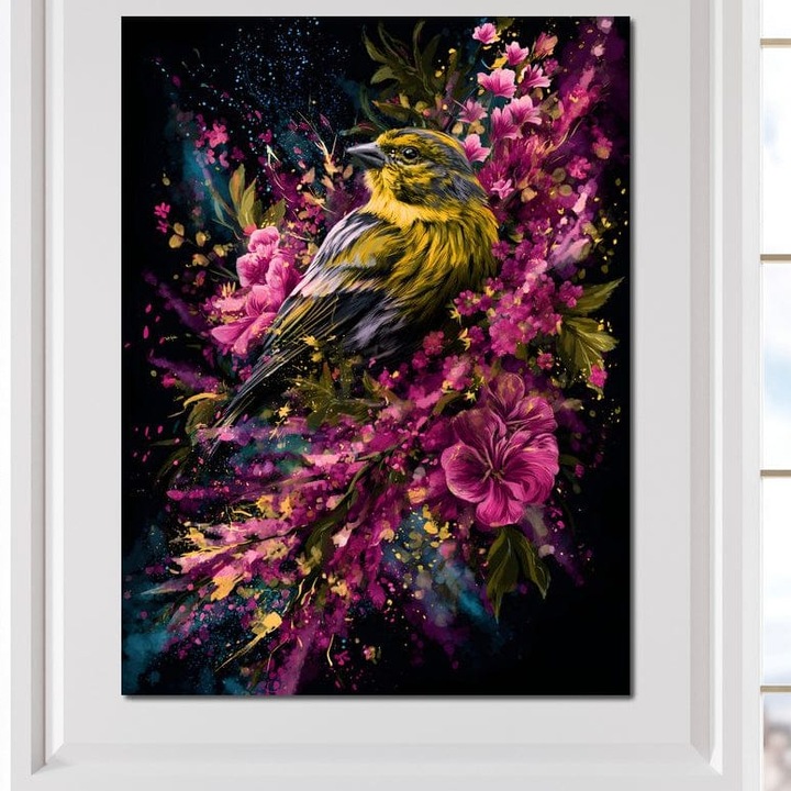 Tablou Canvas Premium, LuxCanva® M1537, Splendoarea Primaverii, 90 X 120 CM, Panza Bumbac 100% 400g/m2, Sasiu Lemn, Pasare, Flori, Gradina, Penaj Colorat, Natura, Paradis, Dormitor, Birou, Living, Camera Copil